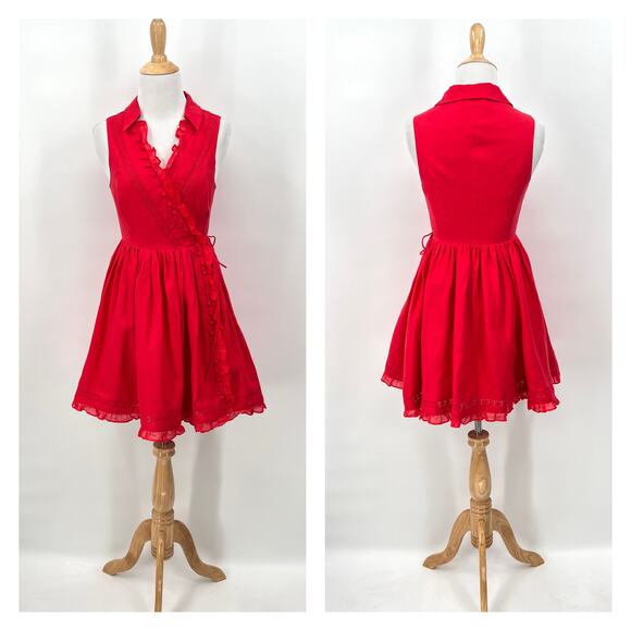 JOSLIN Amella Linen Mini Wrap Dress Womens 0 Red Sleeveless Collar V Neck Ruffle - Picture 5 of 16
